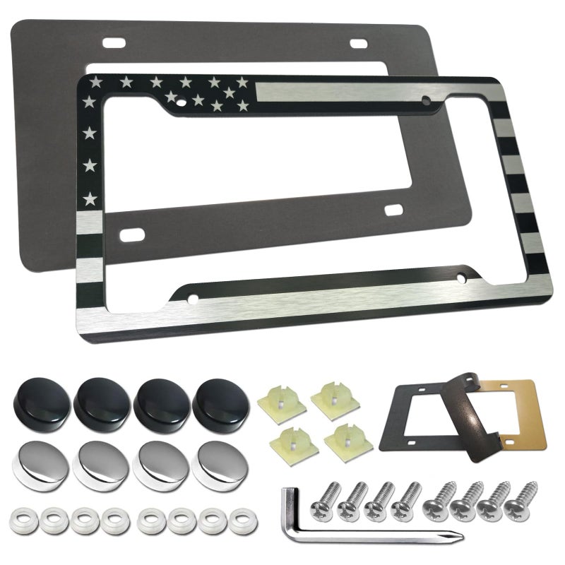 AOOTF American Flag License Plate Frame - USA Aluminum Metal License Plate Cover Auto Car Truck Tag Holder Thin Blue Line Black and White Stripes with Screws,Anti-Rattle Foam Pad - Image 1
